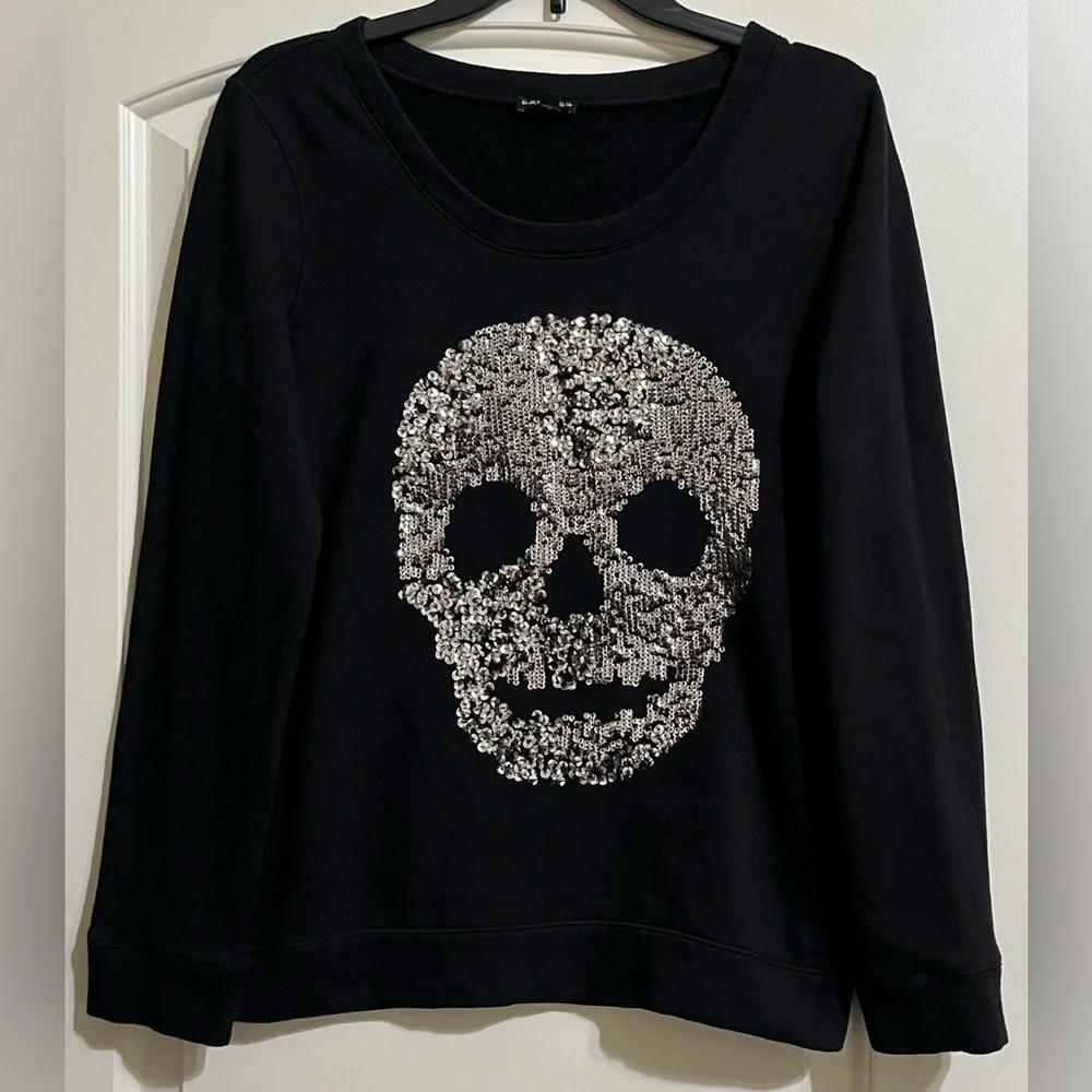Express Women’s Black Sweater with Silver Sequined Skull Design Size Medium